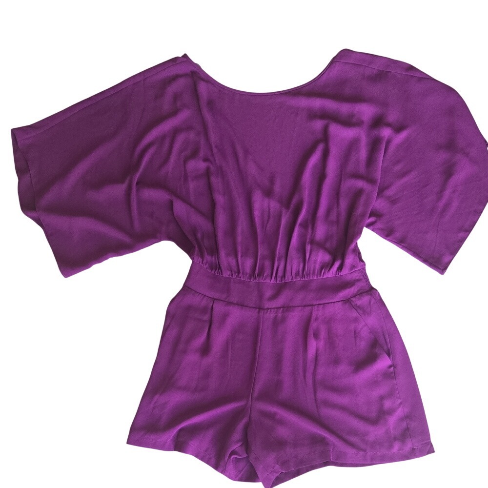 White House Black Market Purple Kimono Sleeve Smocked Waist Romper Size 8